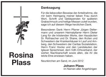 Traueranzeige von Rosina Plass von Pegnitz-Zeitung